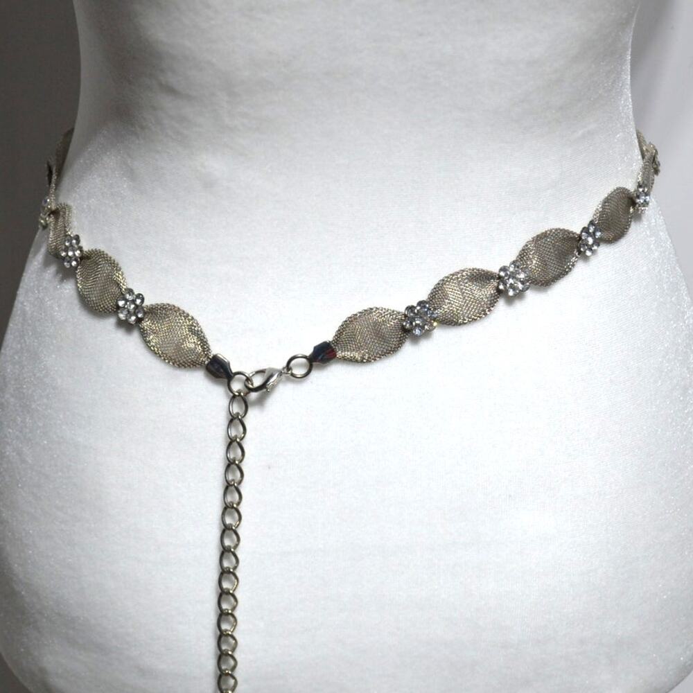 Silver Mesh Metal & Rhinestone Floral Belt Bridal - Picture 5 of 9